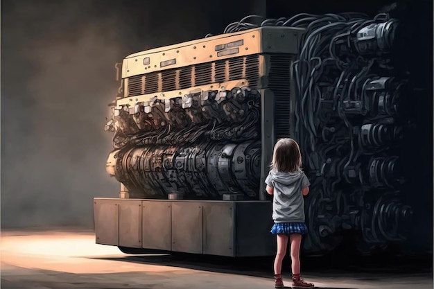 Une montagne abandonnée de moteurs La jeune fille debout et regardant un tas de moteurs avec des guirlandes lumineuses peinture d'illustration de style d'art numérique