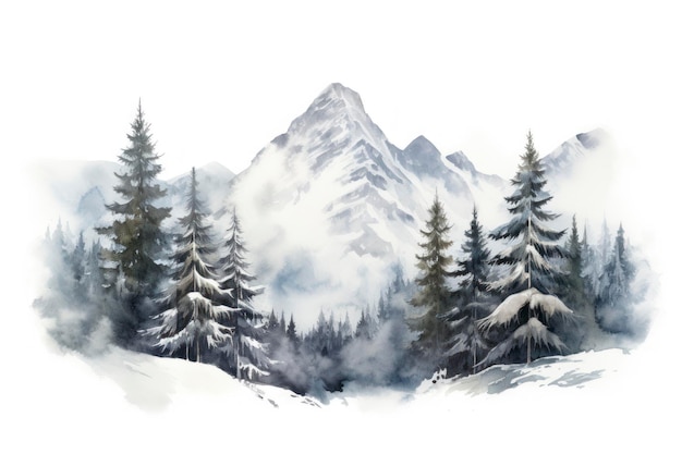 Montagne aquarelle en hiver fond blanc isolé