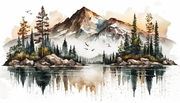 Montagne aquarelle sur une texture de fond blanc papier Une belle aquarelle avec un lac pi