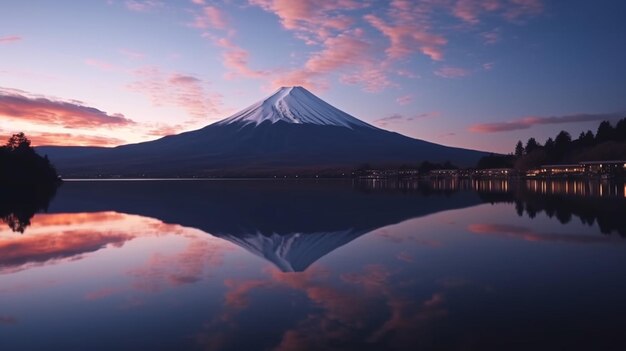 montagne arafed avec un reflet dans un lac au coucher du soleil générative ai