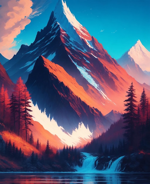 montagne avec des arbres et de l'eau une peinture détaillée de Petros Afshar jpg