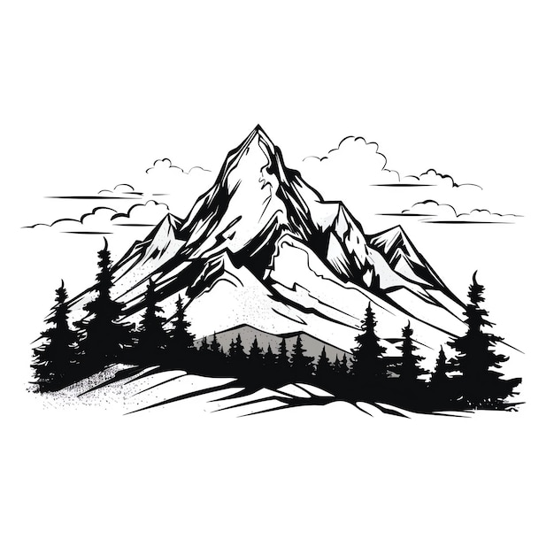 une montagne avec des arbres et des nuages