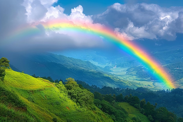 Montagne avec un arc-en-ciel coloré dans le ciel nuageux au-dessus du champ paysage naturel après la tempête