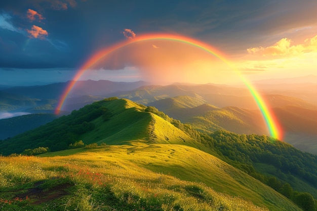 Montagne avec un arc-en-ciel coloré dans le ciel nuageux au-dessus du champ paysage naturel après la tempête