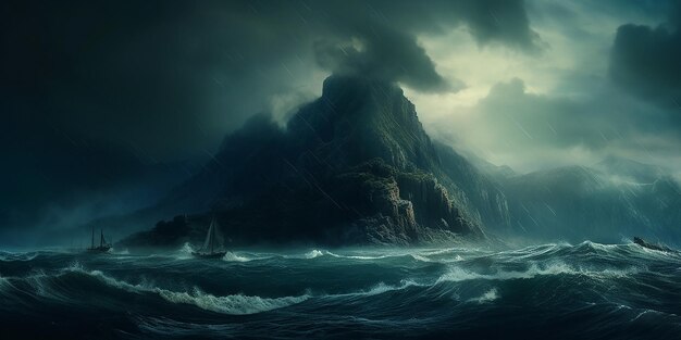 Montagne au milieu de la mer au milieu d'une tempête