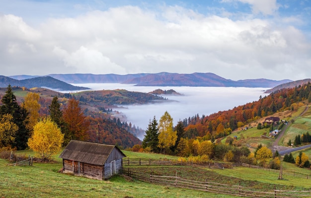 Montagne d'automne nuageuse et brumeuse tôt le matin avant le lever du soleil scène paisible pittoresque voyage saisonnier nature et campagne beauté concept scène Ukraine Carpates Transcarpatie