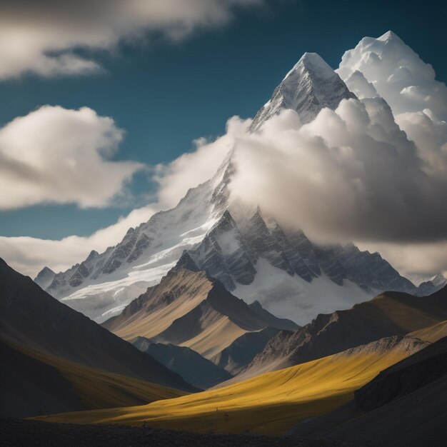 Une montagne avec un champ jaune et des nuages en arrière-plan.