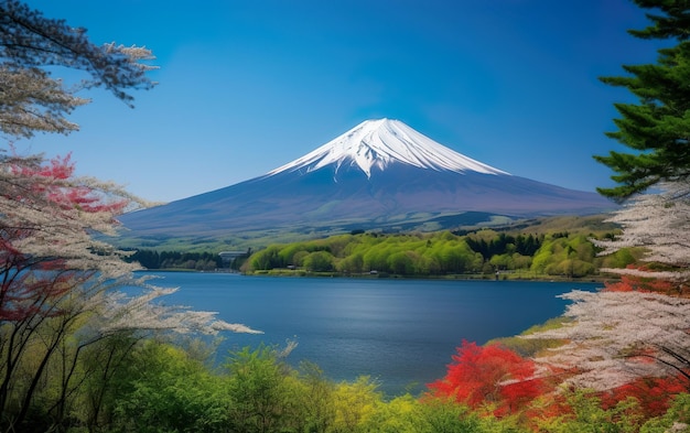 Une montagne avec un ciel bleu et un arbre portant le nom de mt. fuji dessus