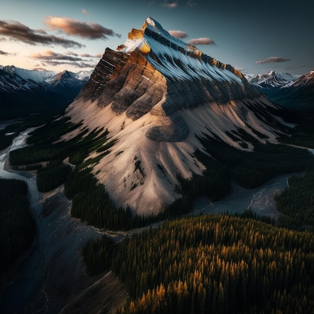 Une montagne avec un ciel bleu et une rivière au premier plan.