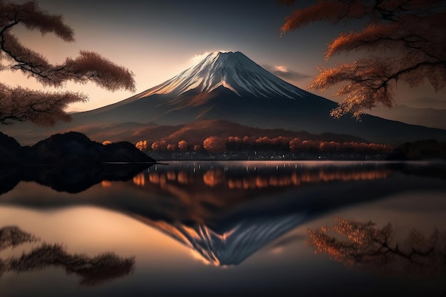 Une montagne avec un ciel doré et un reflet du mont fuji.
