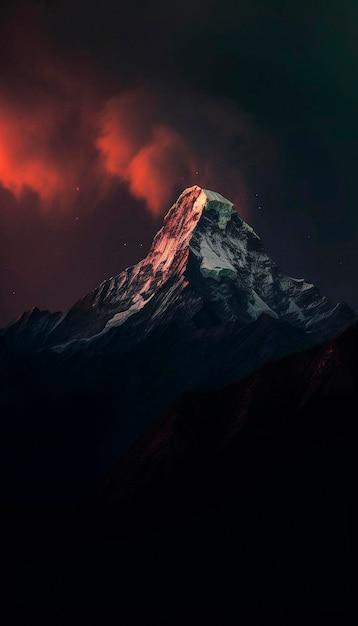 Une montagne avec un ciel rouge et un fond sombre