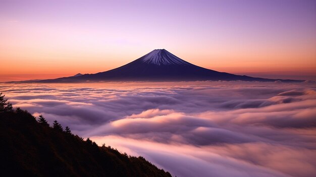 Une montagne avec un ciel violet au-dessus