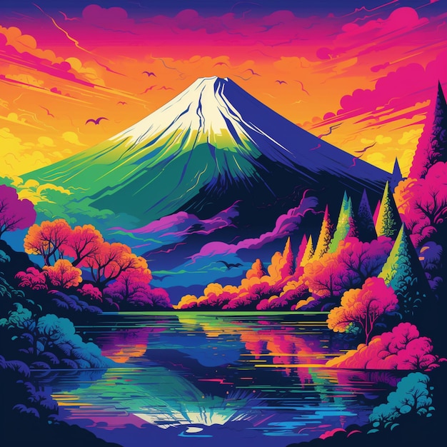 Une montagne colorée avec un lac au premier plan.
