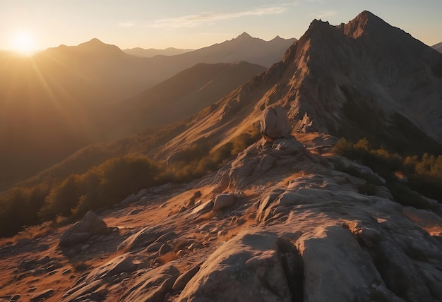 une montagne avec un coucher de soleil en arrière-plan et une montagne à l'arrière-plan