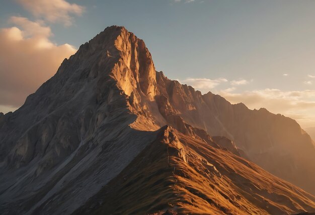 une montagne avec un coucher de soleil en arrière-plan