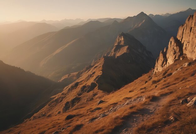 une montagne avec un coucher de soleil en arrière-plan