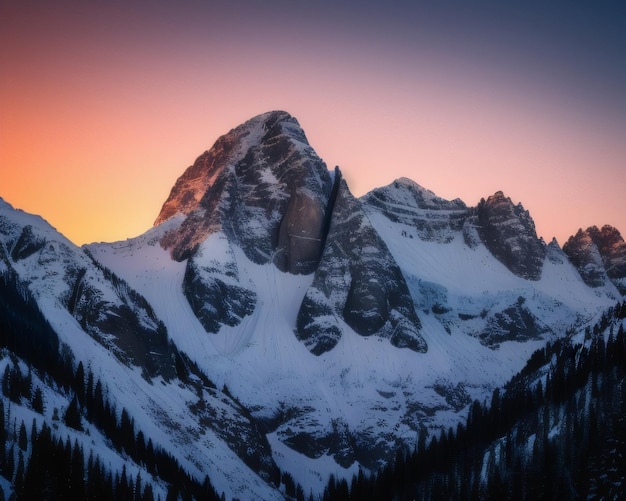 Une montagne avec un coucher de soleil derrière