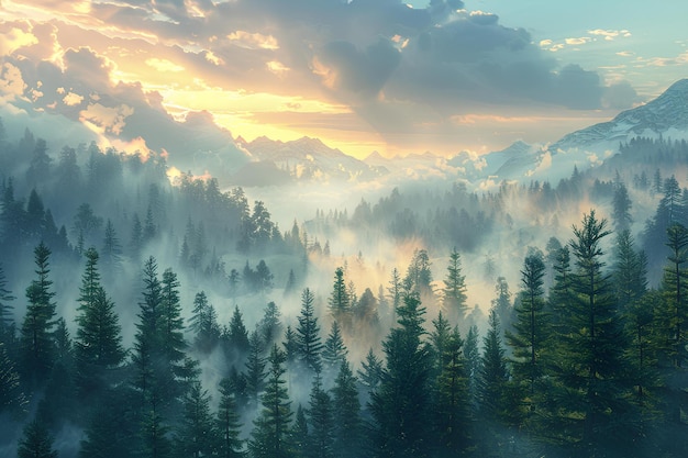 Une montagne couverte de brouillard et d'arbres sous un ciel nuageux avec un coucher de soleil au loin derrière elle