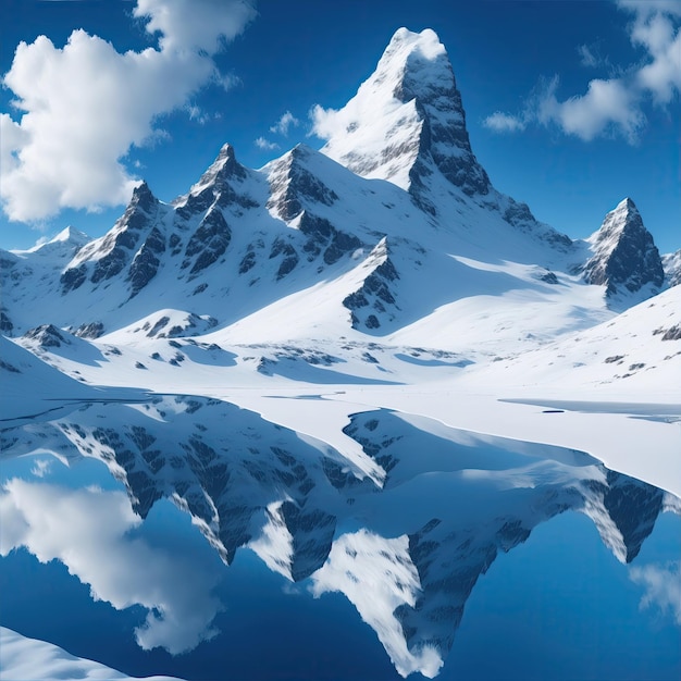 Montagne couverte de neige ciel bleu avec reflet dans le manque Superbe paysage photoréaliste