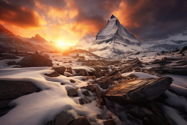 Photo une montagne couverte de neige avec un coucher de soleil en arrière-plan