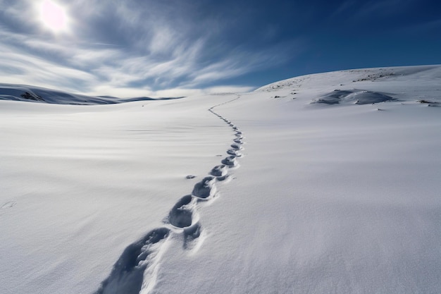 Une montagne couverte de neige avec des empreintes de pas dans la neige