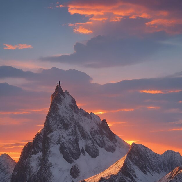 Montagne, une croix chrétienne sur un ciel coucher de soleil majestueux généré par l'IA