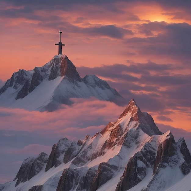 Montagne, une croix chrétienne sur un ciel coucher de soleil majestueux généré par l'IA