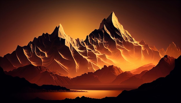 Une montagne culmine au lever du soleil avec une lueur dorée illuminant les sommets des montagnes et le paysage environnant Illustration IA générative