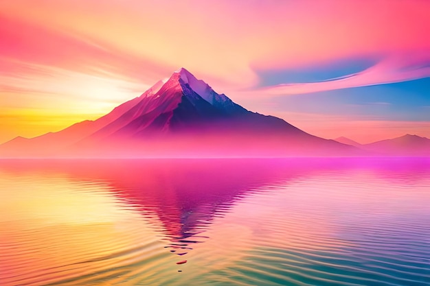 Une montagne dans l'eau avec un ciel rose et le soleil se reflétant sur l'eau.