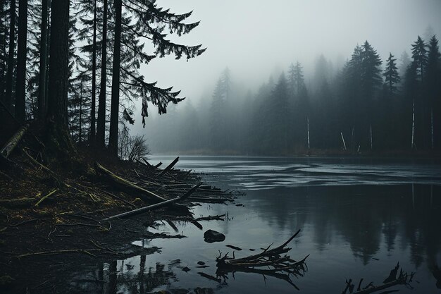 la montagne dans la forêt brumeuse paysage papier peint