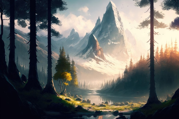 Une montagne dans la forêt avec un lac et une montagne en arrière-plan
