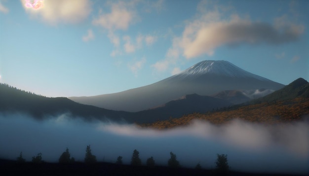 Une montagne dans les nuages avec le soleil qui brille dessus.