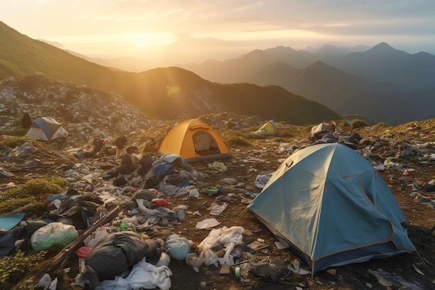 Une montagne de déchets est représentée avec une tente bleue au premier plan et une tente bleue à l'arrière-plan.