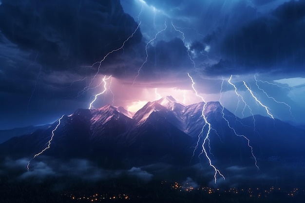 une montagne avec des éclairs et de la pluie dans le ciel