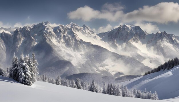 une montagne enneigée avec des arbres dessus et un panneau disant neige