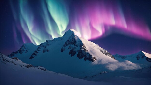 Photo une montagne enneigée avec les aurores sur elle