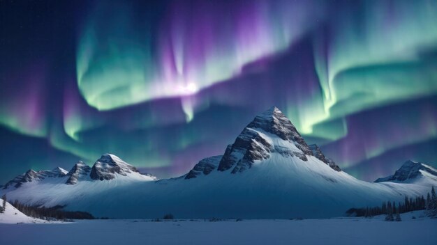 Photo une montagne enneigée avec les aurores sur elle