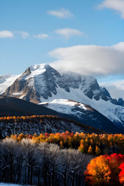 une montagne enneigée et un bel automne