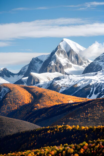 une montagne enneigée et un bel automne