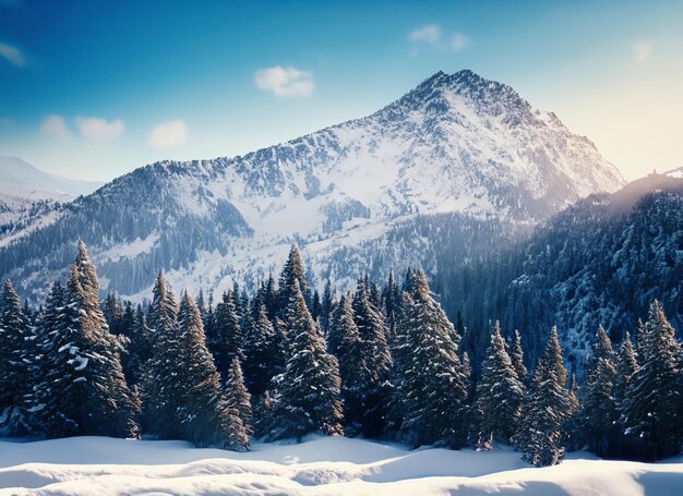 une montagne enneigée avec une forêt de pins gelée