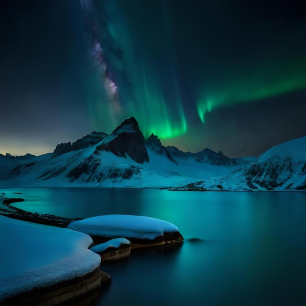 Une montagne enneigée avec les lumières vertes dessus