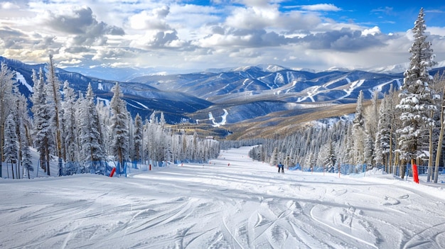 une montagne enneigée avec une montagne et un snowboarder dessus