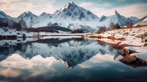 Une montagne enneigée se reflète dans un lac avec une montagne enneigée en arrière-plan.