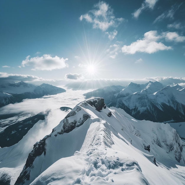 une montagne enneigée avec le soleil qui brille dessus