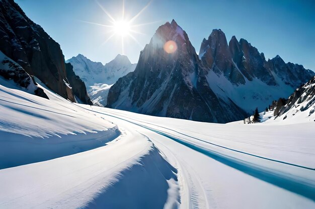 Une montagne enneigée avec un soleil qui brille dessus