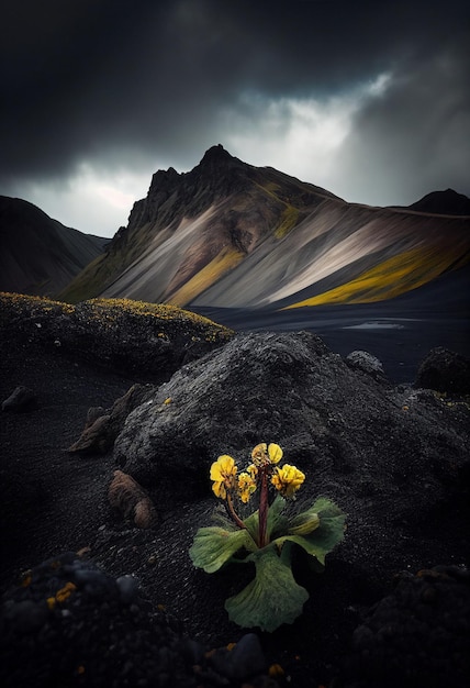 Une montagne est en arrière-plan avec une fleur au premier plan.