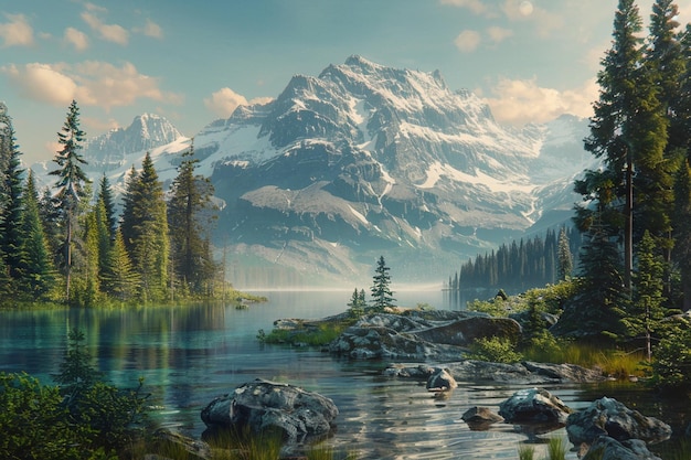 une montagne est à l'arrière-plan avec un lac et des arbres