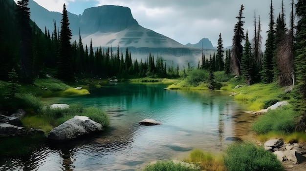 Une montagne est en arrière-plan d'un lac et une montagne est en arrière-plan.