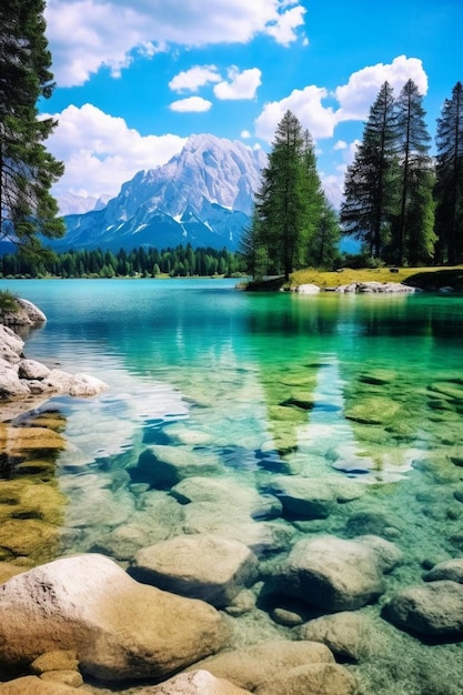 Photo une montagne est reflétée dans l'eau avec des arbres et des montagnes en arrière-plan