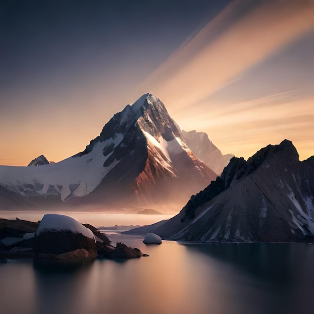 Une montagne est représentée avec un ciel nuageux en arrière-plan.